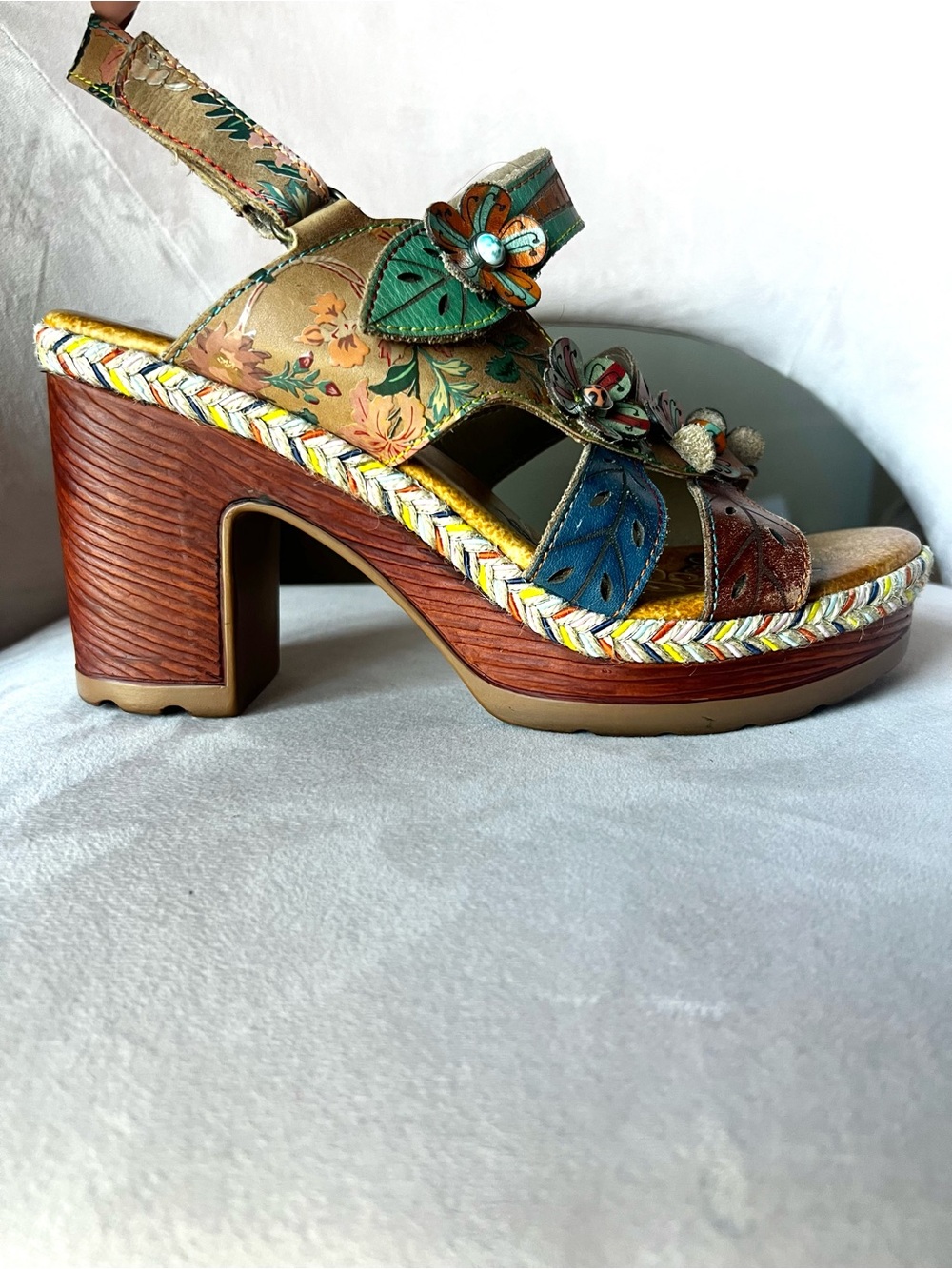 L’artiste Floral Leather Block Heel Sandals Size 41 - Boho Chic Platform - Picture 11 of 11